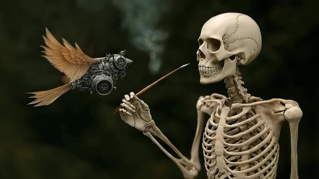 Skeleton writes with quill while robotic bird emits steam in a creative setting