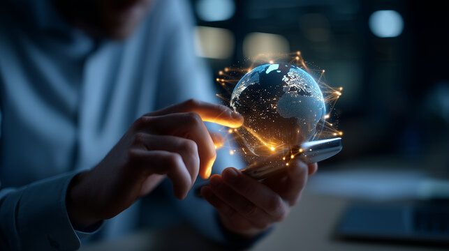 Hands (faceless) interacting with a holographic 3D globe showing real-time cross-border payments, Global FinTech Expansion, glowing particles and lines, dim office at night, cinema