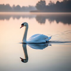 Elegant Swan Gliding on Calm Lake at Sunrise.