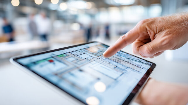 Close-up of a tablet screen showing an interactive 3D floor plan, an exhibition manager's hand pointing to a booth, Event Logistics Management