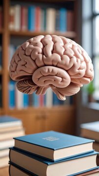 Human brain hovering above stack of hardcover books in library