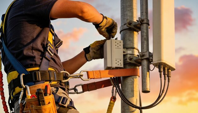 Late afternoon medium shot of a cell tower maintenance expert adjusting equipment harness visible with blurred clouds behind.