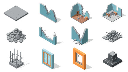 Plakat set of isometric damaged walls broken concrete and construction elements hand drawn vector illustration