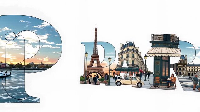 A stunning artistic collage of Paris in a picturesque design, the Eiffel Tower, the architectural charm and the vibrant atmosphere of the city. 