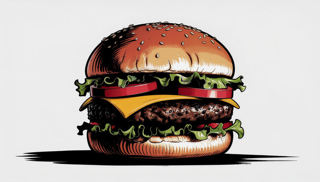 Colorful cartoon‑style hamburger with sesame bun, lettuce, tomato, cheese and a grilled patty, illustrated with bold lines and shading for a vibrant, appetizing look.