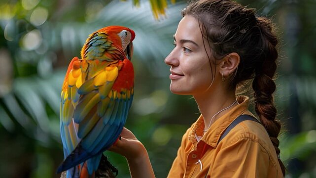 In a vibrant tropical setting, a radiant young woman connects with a brightly colored parrot perched on her hand, surrounded by lush foliage, exuding joy and warmth in a beautiful natural atmosphere