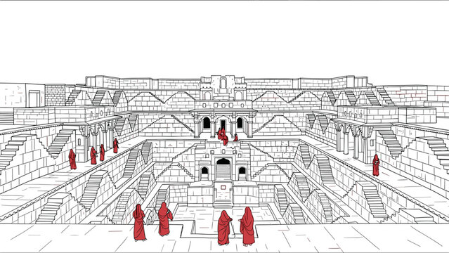 historic stepwell with women wearing traditional clothing hand drawn architectural illustration