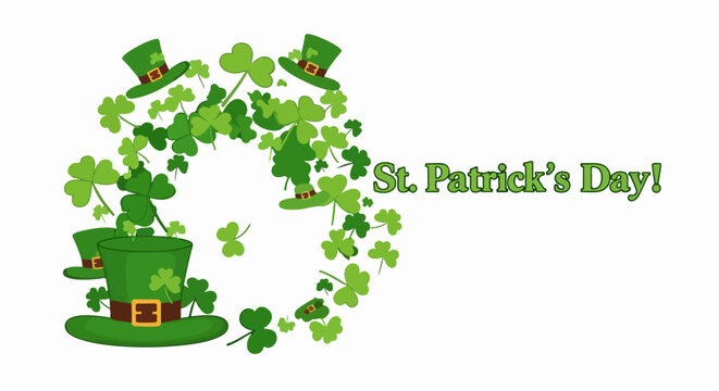 Dynamic St Patrick's Day Greeting with Flying Shamrocks and Green Leprechaun Hats