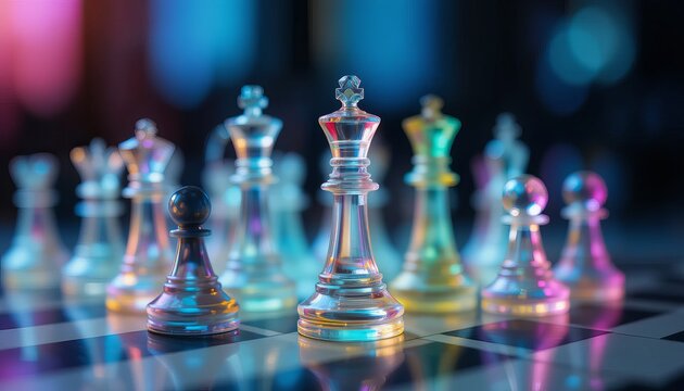 A chessboard with colorful pieces set up for a strategic game of skill and focus