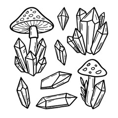 Crystals and mushrooms vector line art