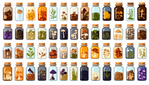 Collection of Jars with Various Contents.
