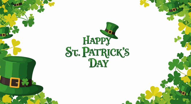 Happy St Patrick's Day Greeting Card with Green Leprechaun Hats and Shamrock Border