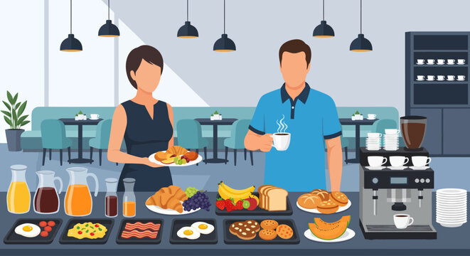 Two faceless people stand behind a lavish morning breakfast buffet, with the woman holding a plate of fresh fruit and pastries while the man enjoys a warm cup of coffee from the nearby espresso maker