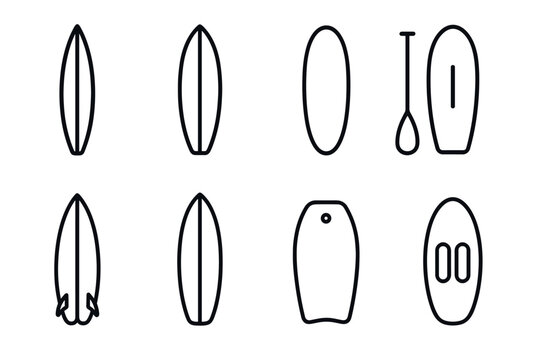 set of black and white hand drawn surfboard paddleboard and boogie board outline icons