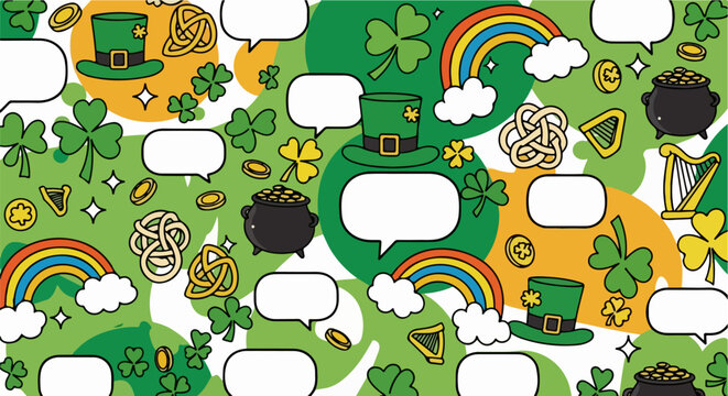  St Patrick's Day Seamless Pattern with Speech Bubbles, Shamrocks, Leprechaun Hats, and Irish Symbols