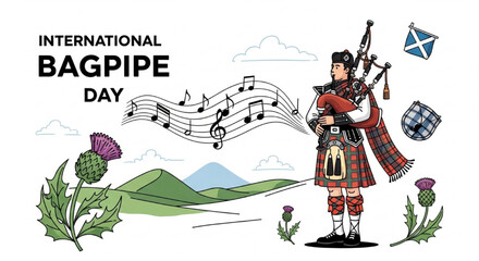 Lively Vector Illustration of Musician Playing Bagpipes in Scottish Attire with Thistles, Tartan, and Rolling Hills for International Bagpipe Day