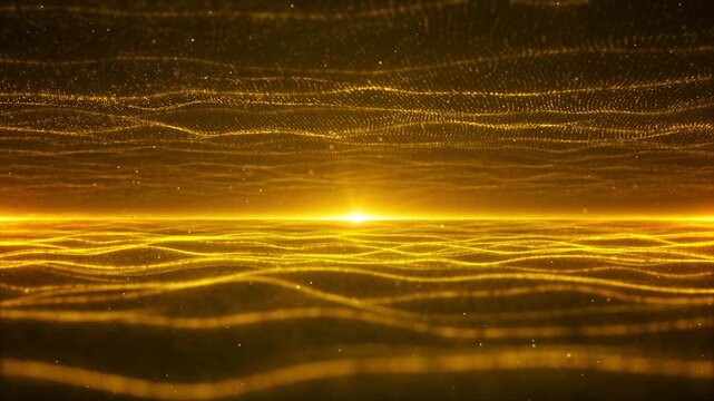 Luxury golden ocean particles wave, wave particles background abstract gold dots wave form polygonal three dimension space, science wave particles with light effects, golden wavy particles moving.