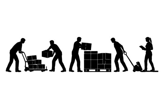 Silhouettes of workers handling boxes and operating equipment in warehouse setting.