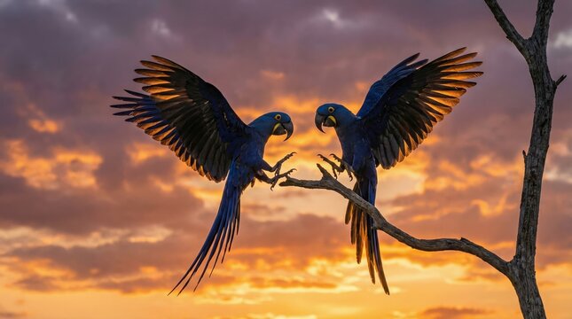 Two blue parrots on a branch at sunset