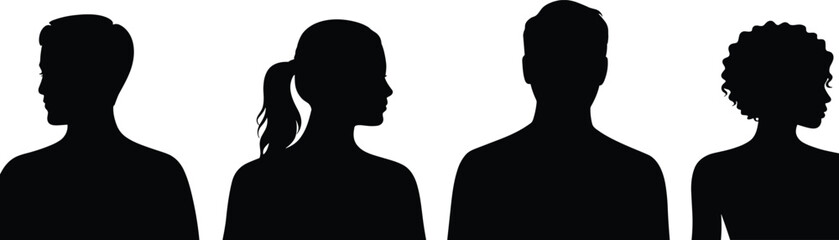 Head and shoulders people silhouettes set, diverse men and women profile portraits isolated on white background, avatar collection vector illustration. © Nur