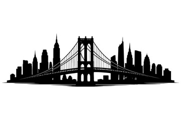 Fototapeta premium Silhouette of iconic suspension bridge with city skyline in the background.