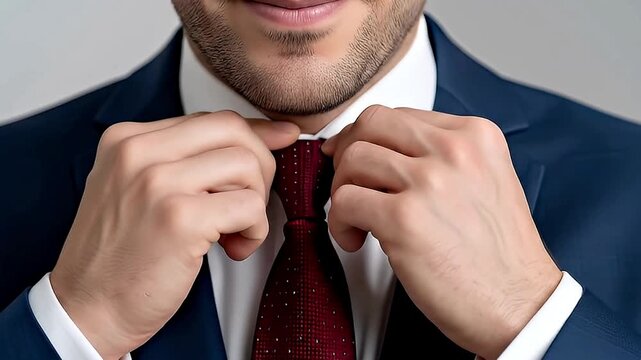 A detailed close-up shot captures a sophisticated man meticulously adjusting his patterned red tie while wearing a sharp dark blue suit and crisp white shirt. His hands carefully position the knot, sh