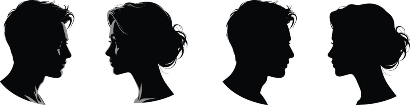 Male and female face profile silhouettes isolated on white background black vector illustration set of human head side views