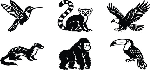 Black and white stylized animal illustrations featuring hummingbird, lemur, eagle, skunk, gorilla, and toucan silhouettes showcasing biodiversity and wildlife art collection © Shaymal