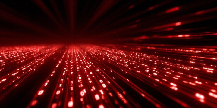 Glowing red binary code streams through a dark digital landscape.