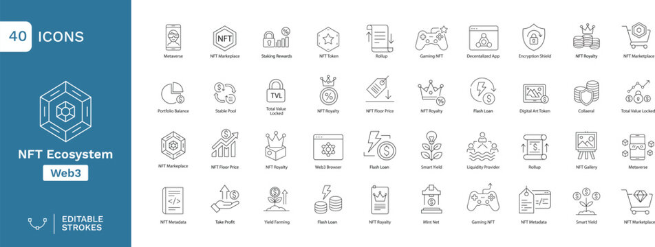 NFT Ecosystem & Web3 Line Icons Set &ndash; 40 Editable Stroke Outline Icons for Blockchain, DeFi, Crypto Marketplace, Staking, Metaverse and Digital Asset UI Design