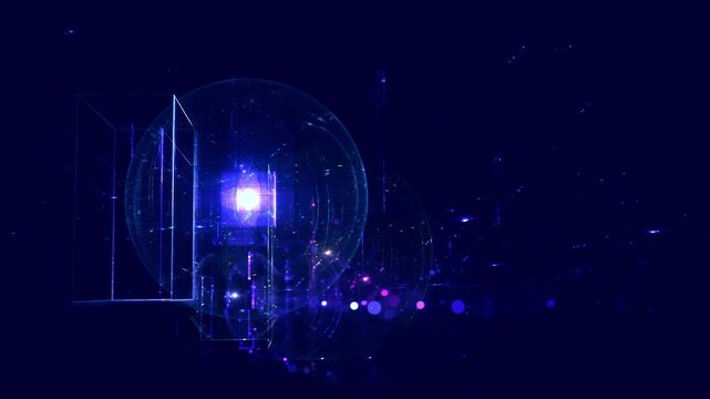 Futuristic neon cube in dark cyber space &ndash; glowing blue wireframe structure with energy particles and bokeh lights &ndash; abstract tech visualization, technology, science, data, progress, architecture
