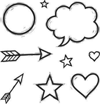 A collection of hand drawn icons including stars hearts arrows and speech bubbles