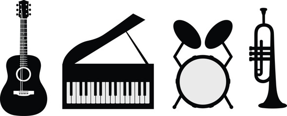 Music instruments silhouette set with acoustic guitar grand piano drum kit and trumpet isolated on white background vector illustration © Nur