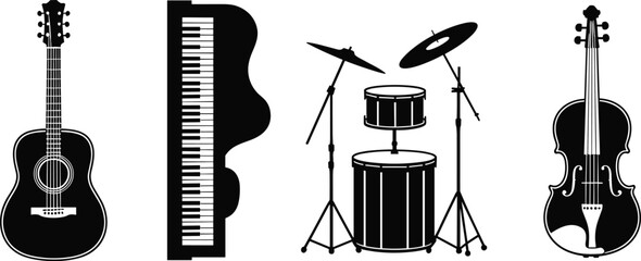 Musical instruments silhouette set with acoustic guitar, piano keyboard, drum kit and violin isolated on white background for music, orchestra and band design. © Nur
