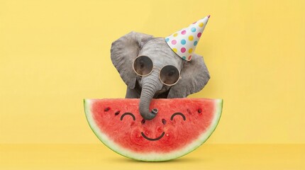 A cheerful elephant wearing a party hat peeks out from behind a smiling watermelon slice on a vibrant yellow background from a slight overhead viewpoint