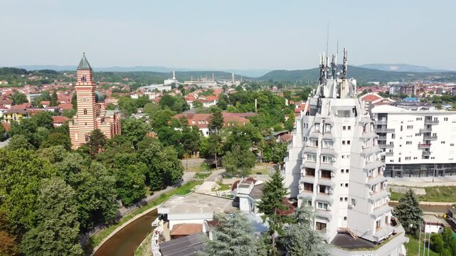 Aerial view of river Crnica flowing through the town center of Paracin, Serbia.