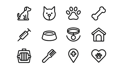 Fototapeta premium Simple black line icons depicting various pet related objects and animal silhouettes