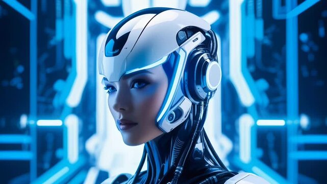 A futuristic female robot with sleek metallic features wears advanced headphones, smiling softly. She stands against a high-tech background with glowing blue holograms and digital interfaces, exuding 