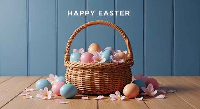 Easter sunday celebration with colorful eggs in a woven basket