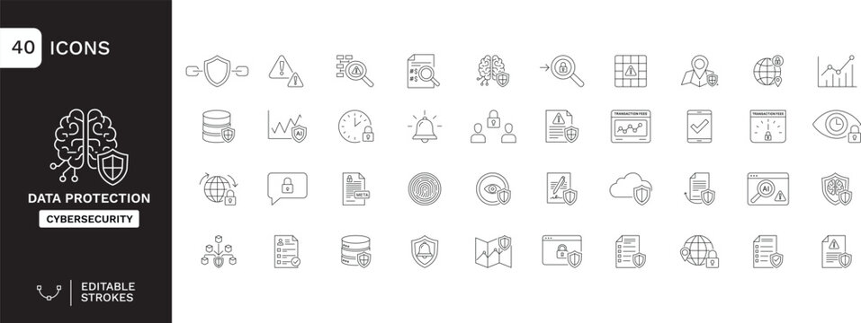 Data Protection & Cybersecurity Line Icons Set &ndash; 40 Editable Stroke Outline Icons for Privacy, Encryption, Network Security, Cloud Protection and Digital Safety UI Design
