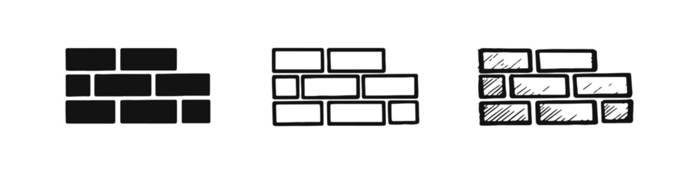 Brick Wall or Building Blocks Icons Set in Solid, Outline, and Hand Drawn Styles