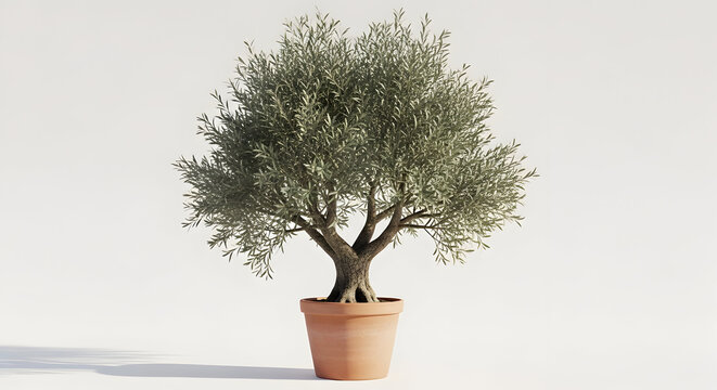 Small olive tree in a terracotta pot, isolated on a white background, symbolizing Mediterranean gardening and outdoor decor.