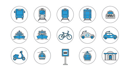 Transportation Icons Set: Bus Train Ship Bicycle Car Scooter Cable Car and Building. © Roti