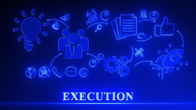 Business execution illustration with glowing blue neon icons on a dark background action implementation