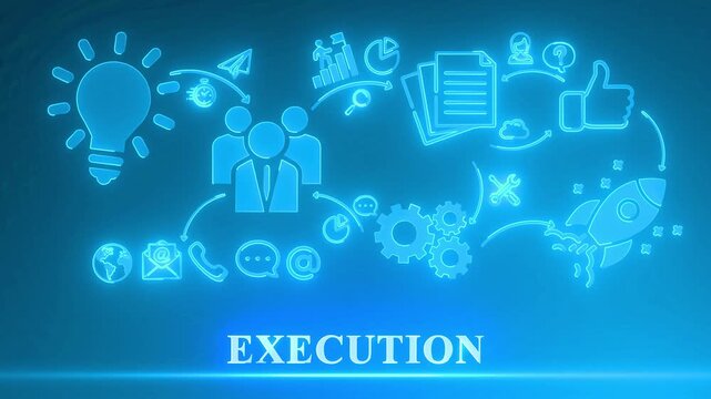 Business execution illustration with glowing blue neon icons on a teal background action implementation