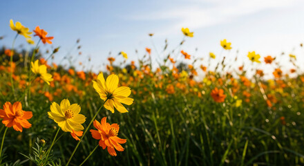 Obraz premium Field of yellow and orange cosmos flowers under a clear blue sky, suggesting nature, summer, and a serene landscape, ideal for outdoor or floral themes