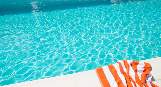 Image of clear, blue water in pool, with white tile and orange-white striped towel. Represents summer, relaxation, and vacation experience