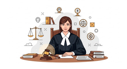 Empowering Vector Illustration of Confident Female Judge at Bench with Gavel, Scales, and Legal Symbols for International Day of Women Judges