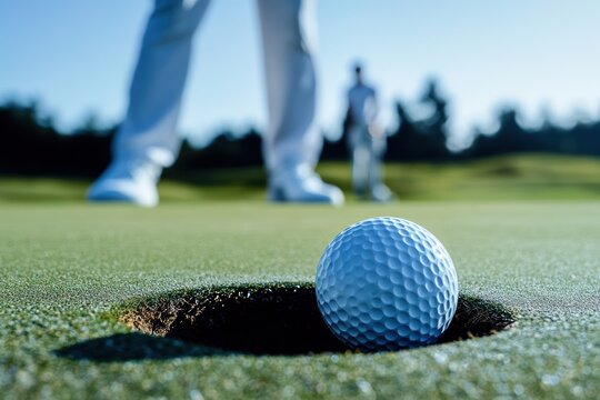 Golf ball near the hole during a game at a sunny golf course in the morning