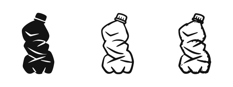 Three stylized crumpled plastic bottle icons set. Black and white vector illustrations of waste and recycling symbols.